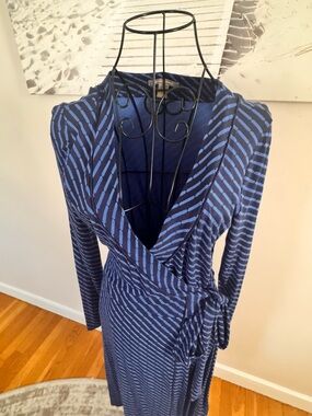 Banana Republic Navy and Light Blue Striped Midi Wrap Dress